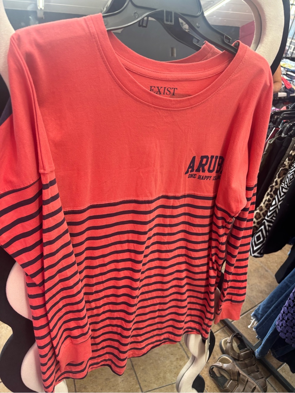 EXIST,Coral & Navy Striped Long Sleeve Sweatshirt - Aruba Print